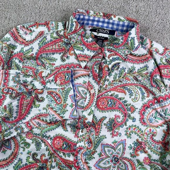 Chaps Tops - Chaps Top Womens Large White Pink Paisley No Iron Button Up 3/4 Sleeve Blouse